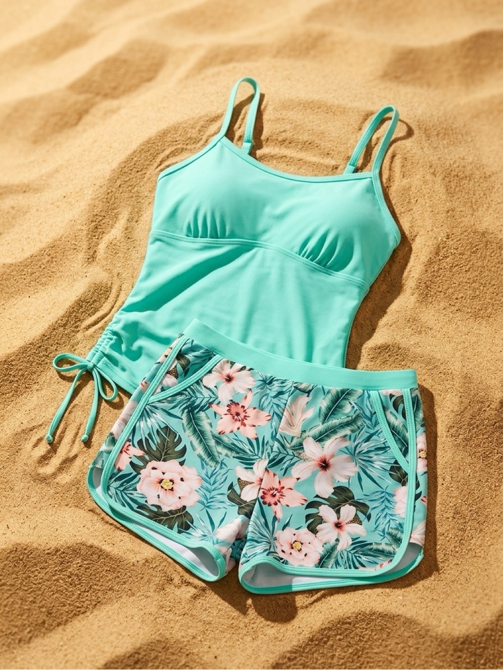Amazon Girls Mint Green Tankini with Tropical Floral Shorts